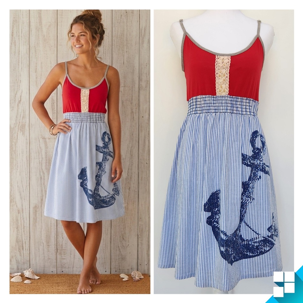 90s Vintage Fisherman Nautical Boho Striped Stretch Sundress Coquette USA Size L